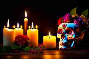 Free photo a skull with a candle in front of it and a red rose on the left.