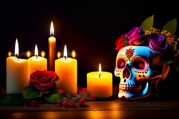 A skull with a candle in front of it and a red rose on the left.