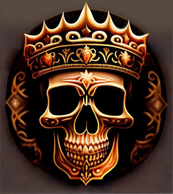 A skull with a crown on it that is gold and black.