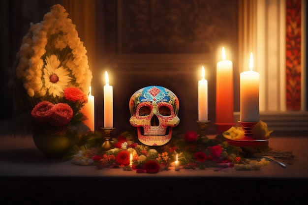 A skull with a floral design on it sits in front of a candle.