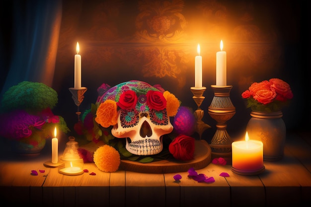 A skull with flowers and candles in front of it
