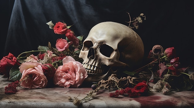 無料写真 スタジオに花を持つ頭蓋骨