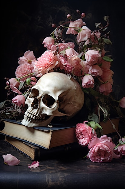 Free photo skull with flowers in studio