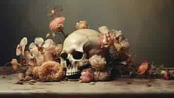 Free photo skull with flowers in studio