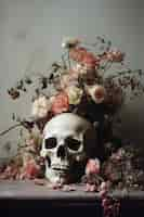 Free photo skull with flowers in studio