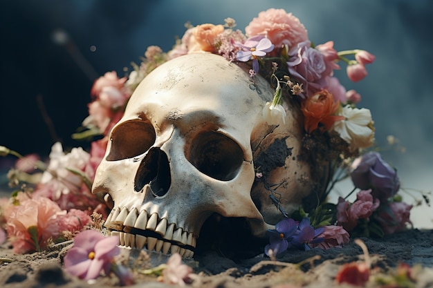 スタジオに花を持つ頭蓋骨