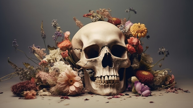 Free photo skull with flowers in studio