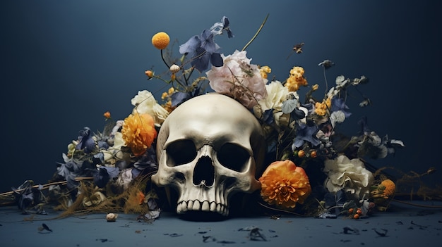 Skull with flowers in studio