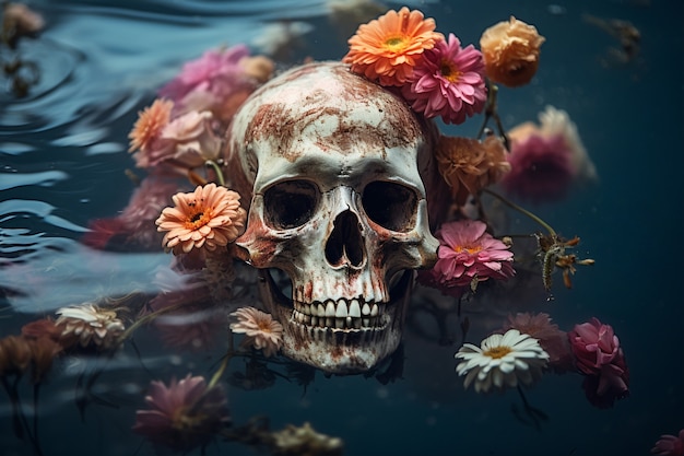 Free photo skull with flowers in water