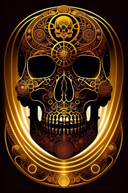 A skull with a gold pattern and the word skull on it