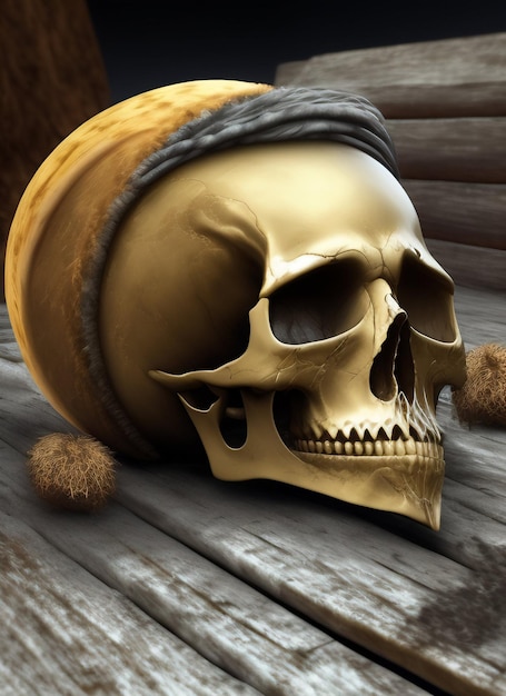 Free photo a skull on a wooden surface with a bucket on it.