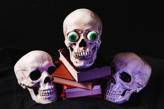 Free photo skulls and books illuminated by purple light