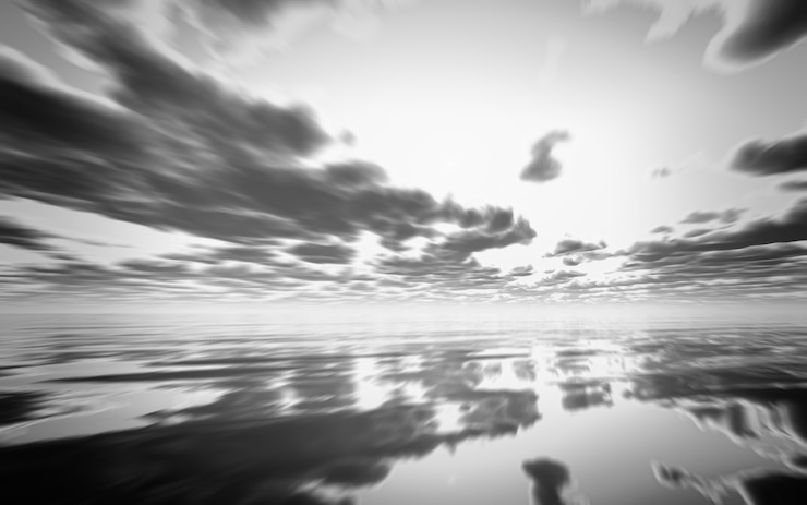 無料Photo 海の上に抽象的な黒と白の夕日のレンダリング3d