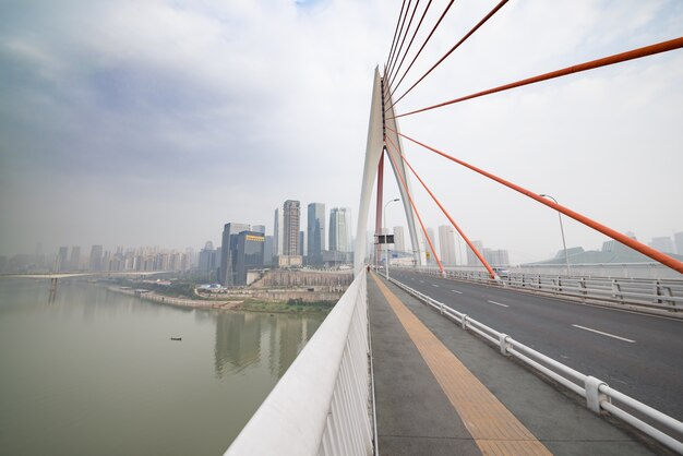 skyline,river and bridge during sunset