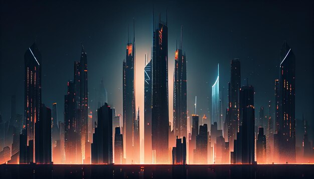 Skyscraper silhouette against vibrant city lights at dusk generative AI