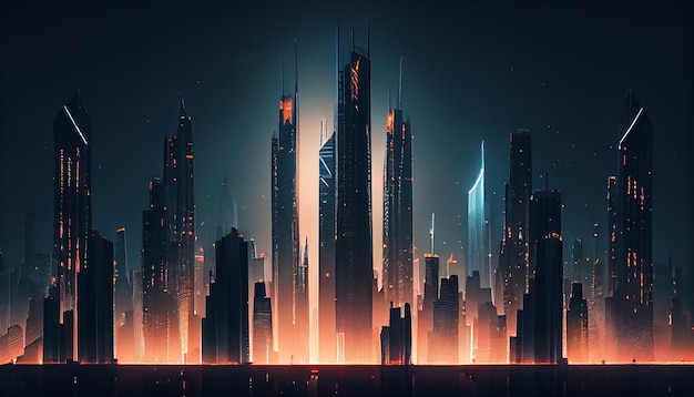 Skyscraper silhouette against vibrant city lights at dusk generative AI