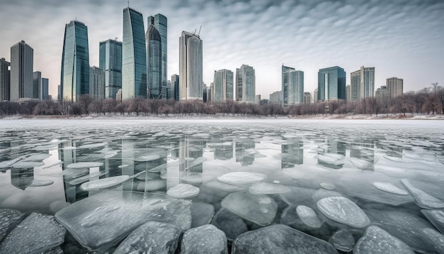 Бесплатное фото Окна небоскребов отражают снежный городской пейзаж в сумерках, сгенерированный искусственным интеллектом