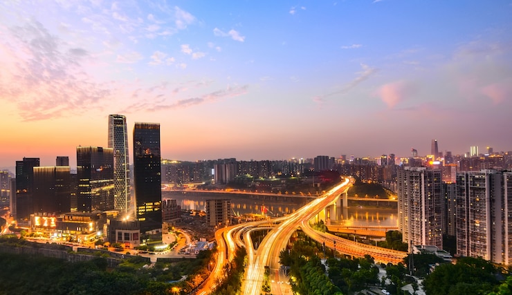 Free Photo skyscrapers at sunset