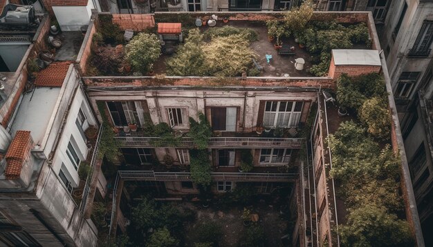 Небоскребы возвышаются над многолюдными улицами города внизу, сгенерированные ИИ