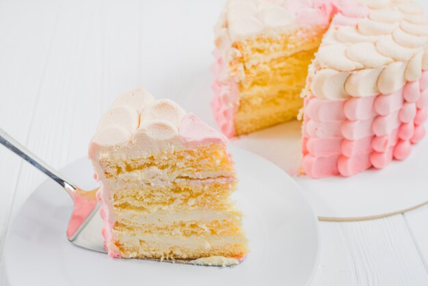 Slice of cake on white plate