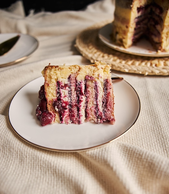 Slice of cherry cake on a white plate