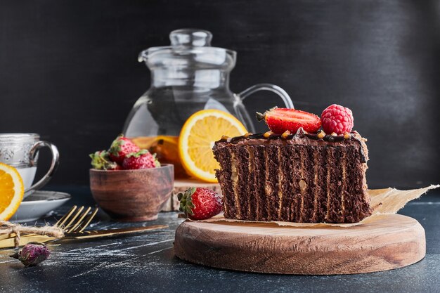 A slice of cocoa crepe cake. 