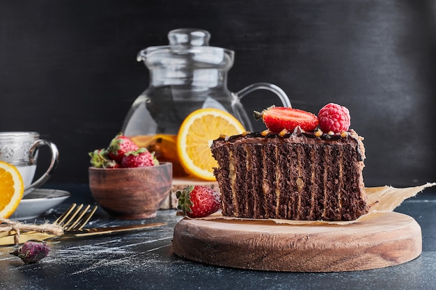 A slice of cocoa crepe cake. 