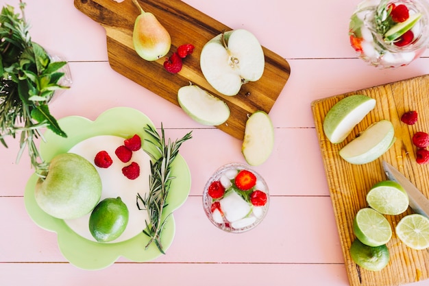 Slice of fresh fruits on chopping board