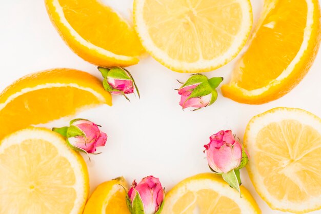 Slice of oranges and pink rose buds on white background