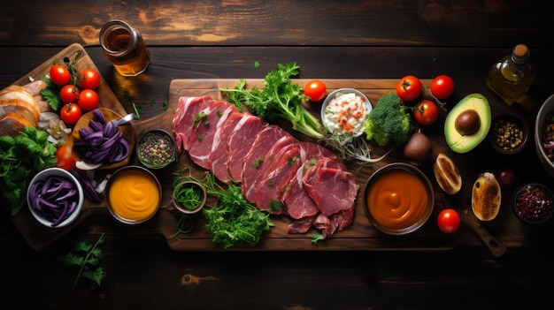 Free photo sliced meat and fresh vegetables on a wooden table the process of preparing meat dishes in a traditi