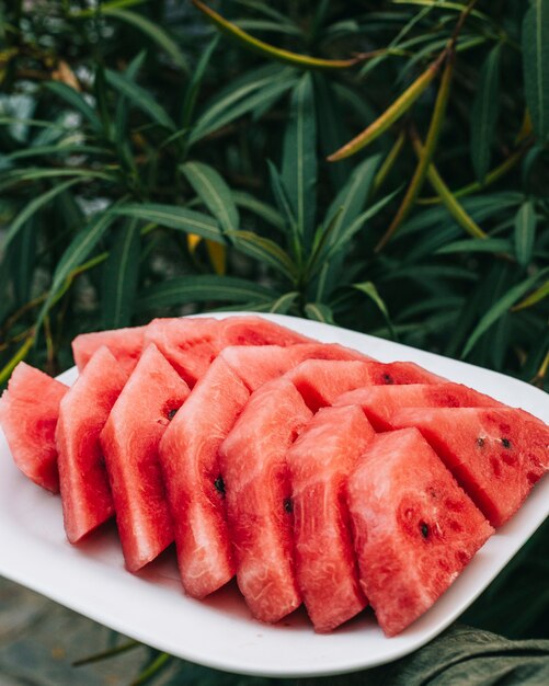 Sliced red watermelon in a white plate.