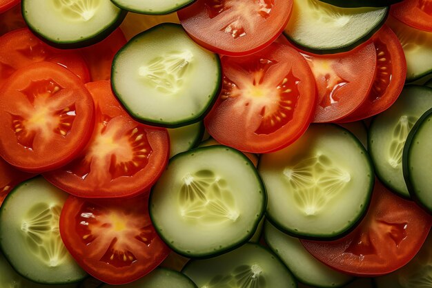 Free photo sliced tomatoes and cucumbers filling the frame