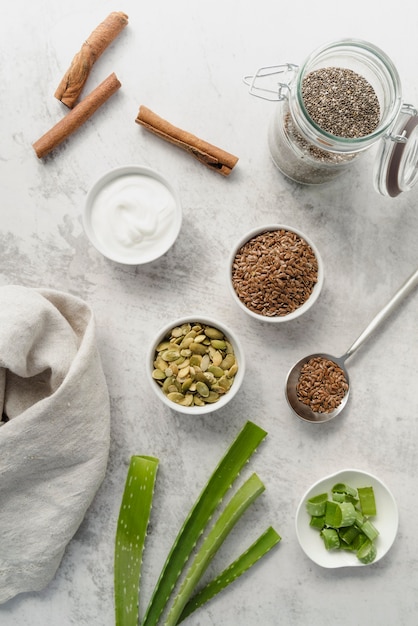 Slices of aloe vera and seeds