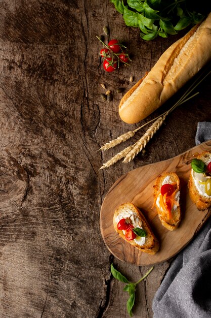 Slices of bruschetta and french baguette bread
