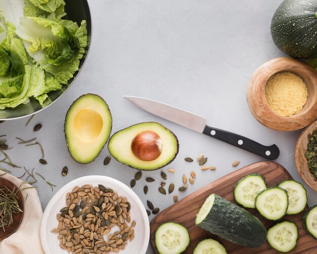 Slices of cucumber and avocado top view