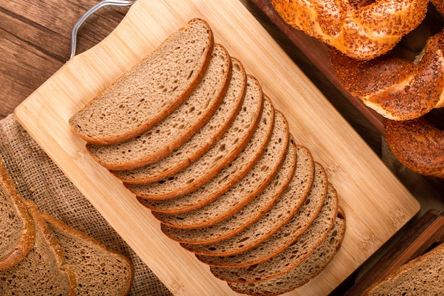 Slices of dark and white bread and turkish bagels