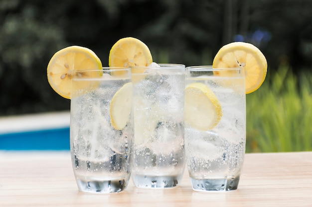 Slices of fruits on glasses with drink and ice