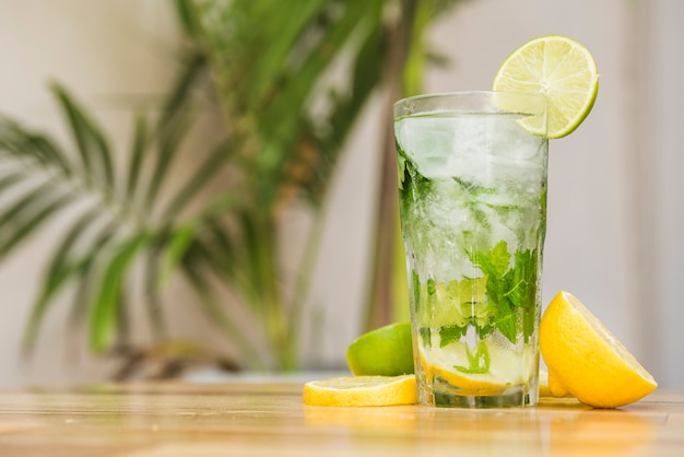 Slices of fruits near glass of drink with ice and herbs on board