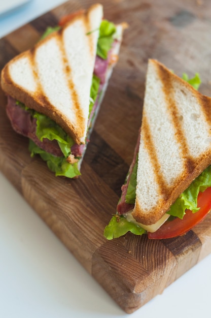 Slices of grilled sandwich on wooden chopping board