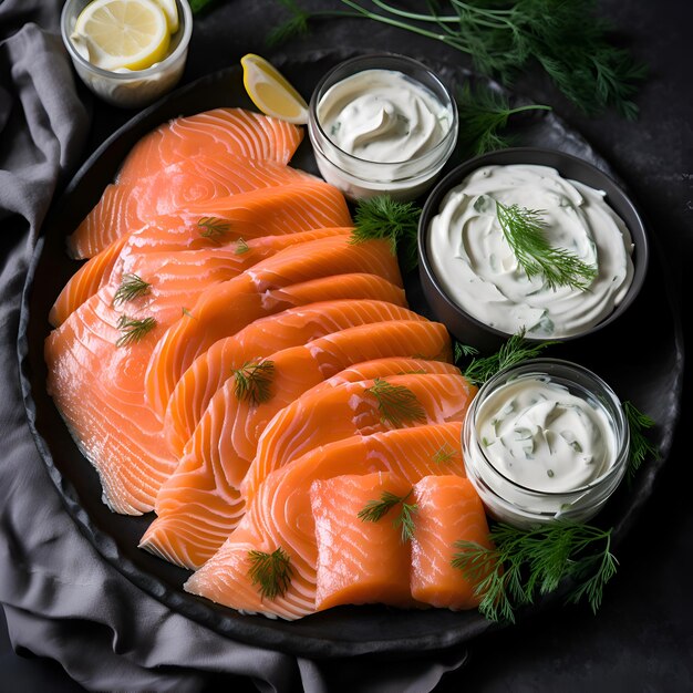 Slices of salmon with dill and sauce on black background