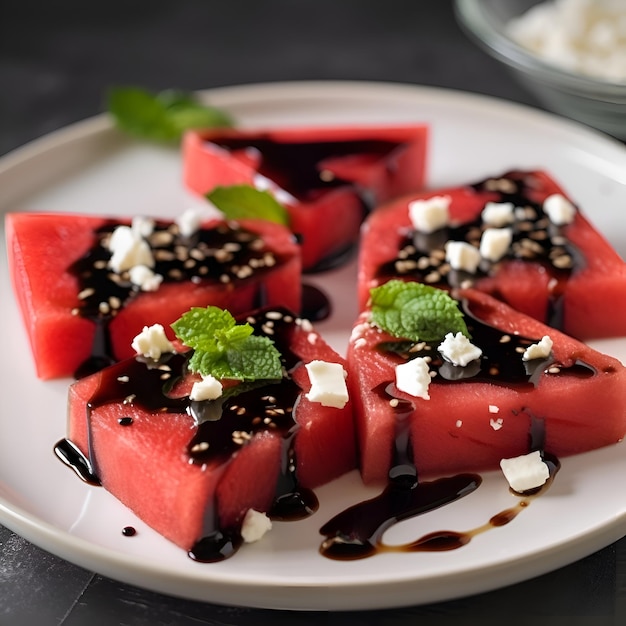 Free photo slices of watermelon with balsamic vinegar and feta cheese