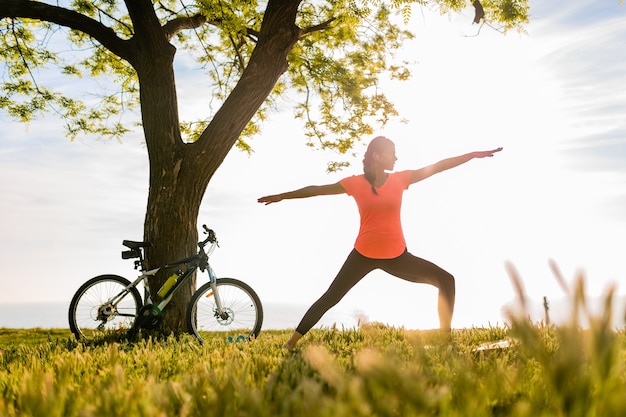 Free photo slim beautiful woman silhouette doing sports in morning in park doing yoga