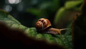 Free photo slimy snail crawling on green leaf outdoors generated by ai