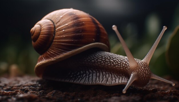 AI によって生成された屋外の緑の植物を這うぬるぬるしたカタツムリ