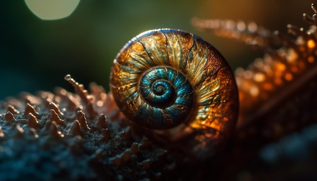 Slimy snail crawling on spiral shell pattern generated by AI