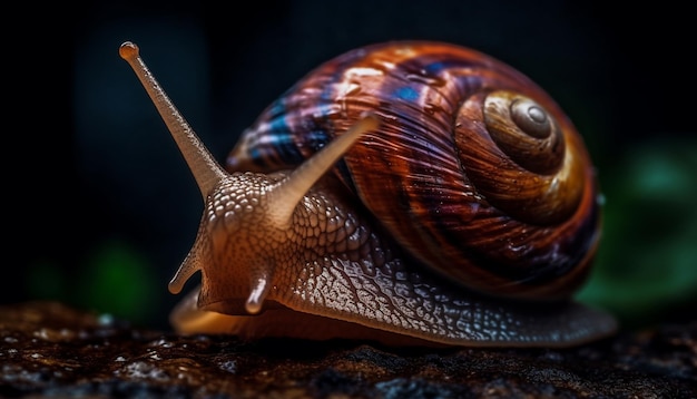 Free photo slimy snail crawling on wet plant leaf generated by ai
