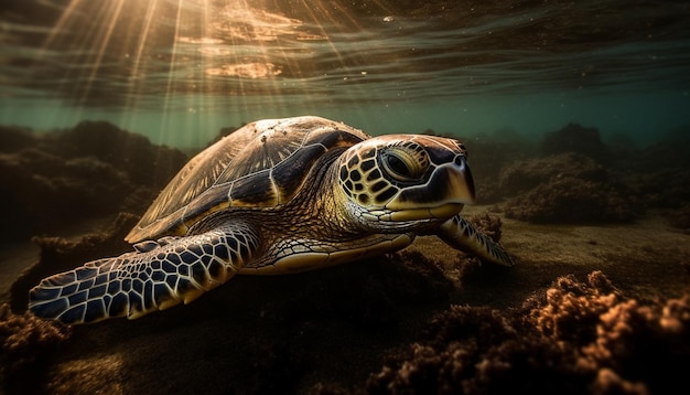 Free photo a slow cute turtle swims in the tranquil underwater paradise generated by artificial intelligence
