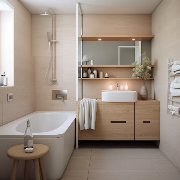 Бесплатное фото Маленькая ванная комната в современном стиле и декоре