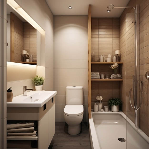 현대적인 스타일과 장식으로 꾸며진 작은 욕실