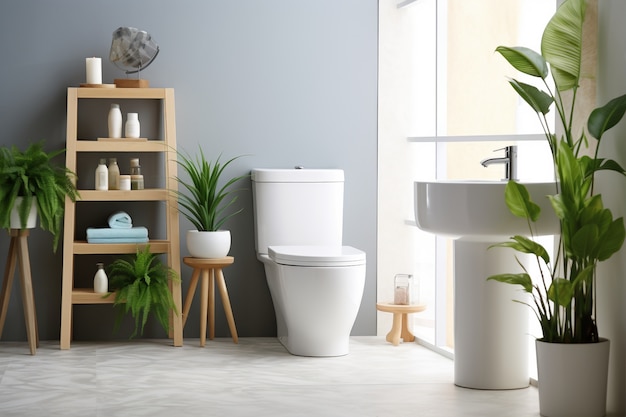 현대적인 스타일과 식물을 갖춘 작은 욕실